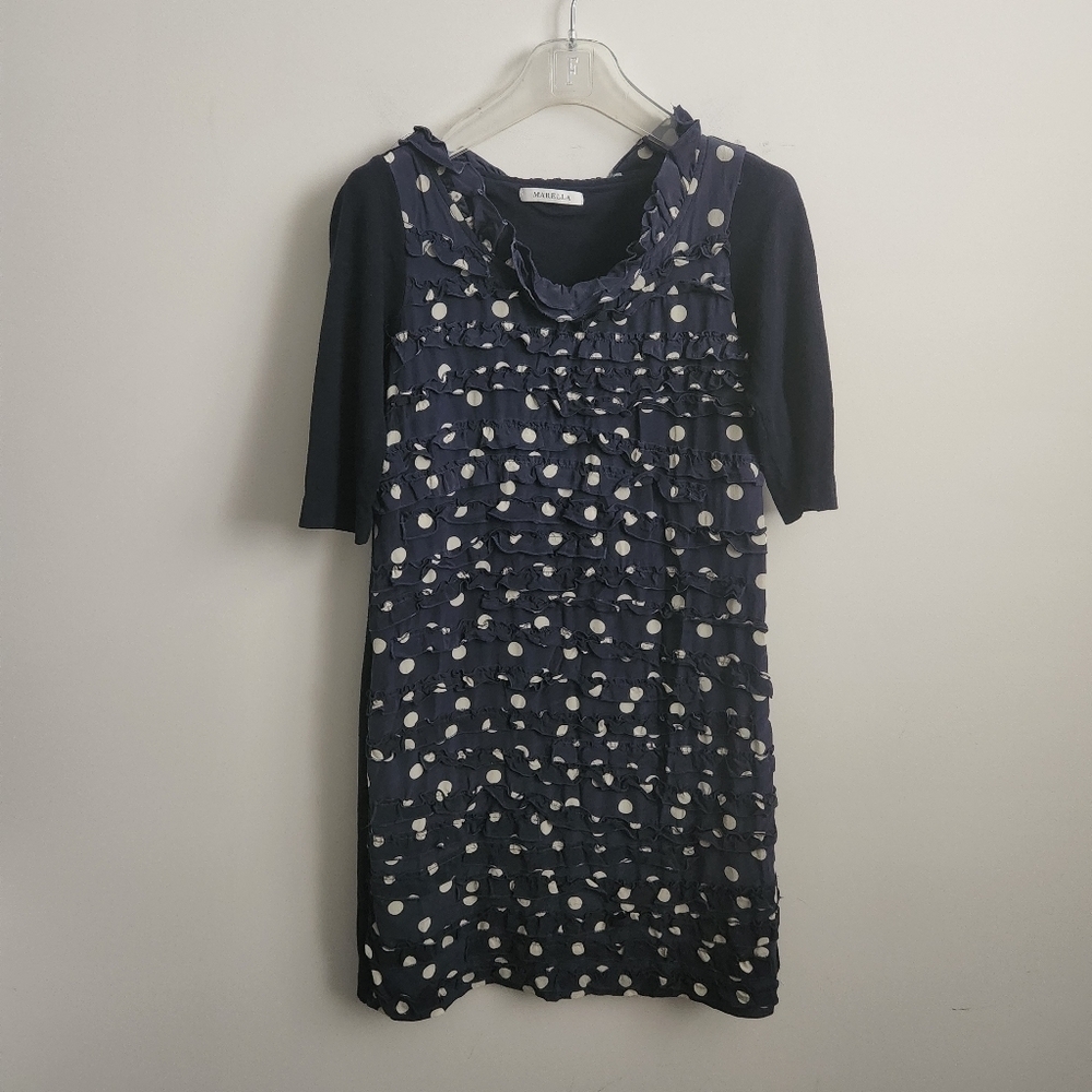 MARELLA  | silk cotton dress polka dot ruffles navy white  sz S